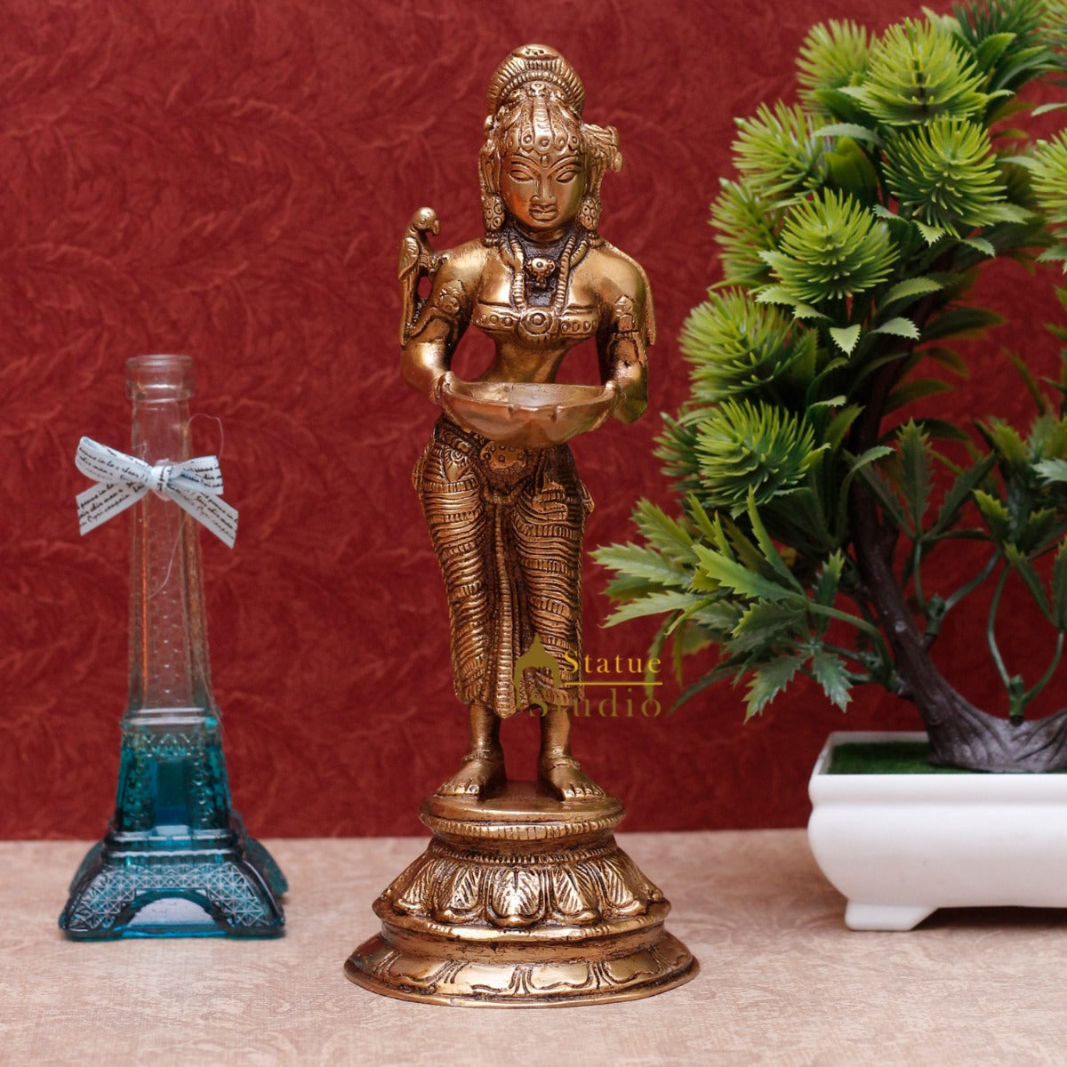 Brass Standing Deeplakshmi Idol 9" for Home Decor by StatueStudio - Eco-friendly - Sama Homes