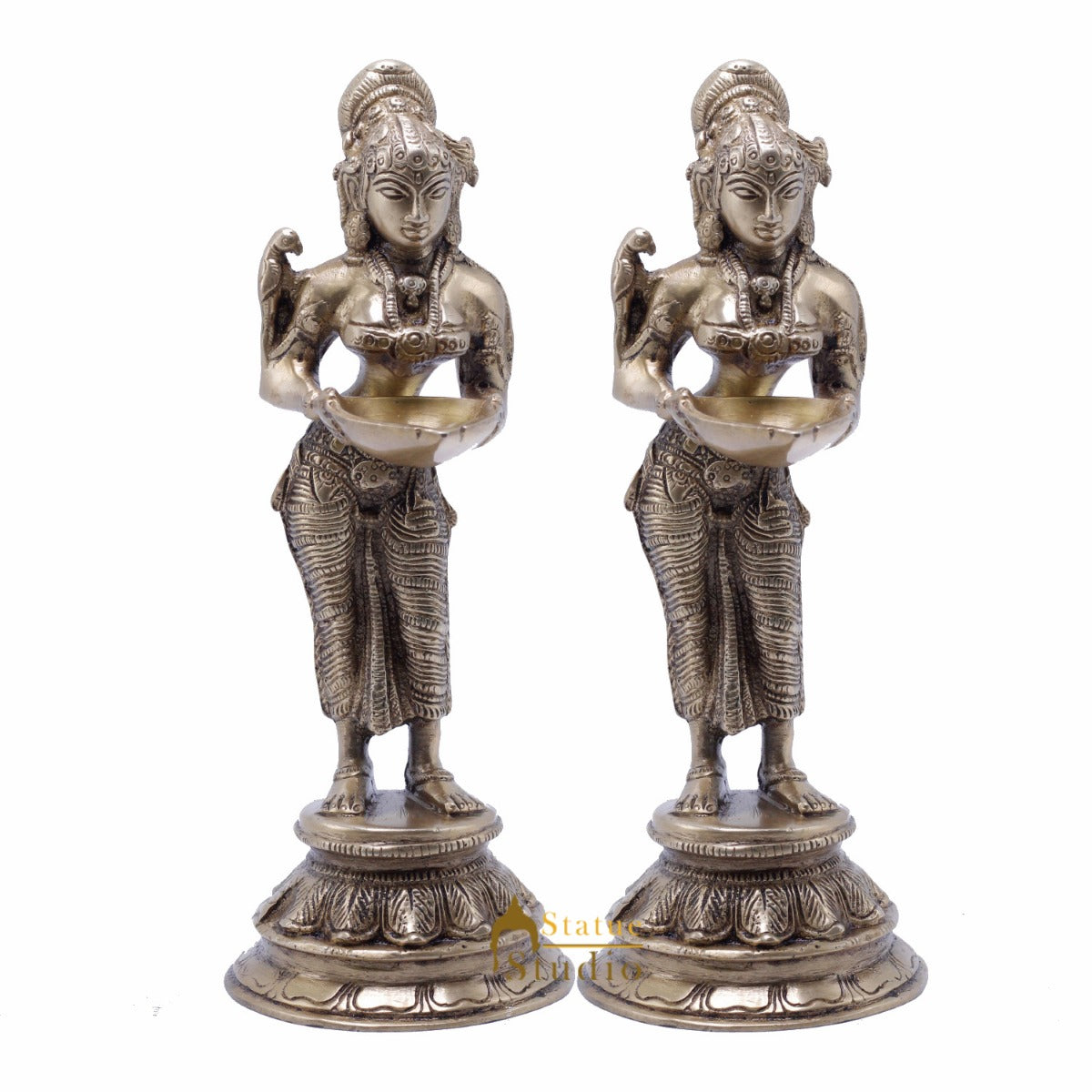StatueStudio Brass Standing Deeplakshmi Pair Idol For Home Decor Temple Pooja Deep Lady Office Desk Living Room Table Decorative Deeplaxmi Statue Showpiece 9" - Image 2