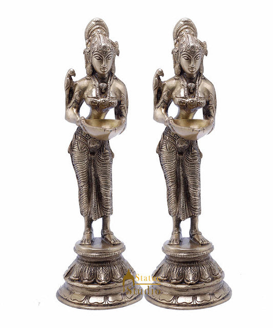 StatueStudio Brass Standing Deeplakshmi Pair Idol For Home Decor Temple Pooja Deep Lady Office Desk Living Room Table Decorative Deeplaxmi Statue Showpiece 9"
