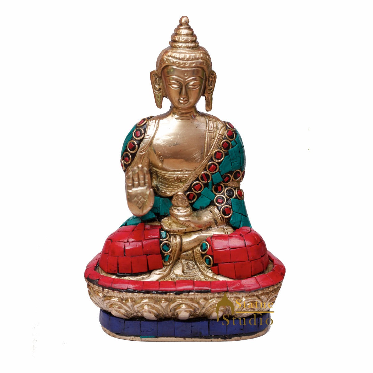 Brass Blessing Buddha Statue Stone Work 7 " - Image 3