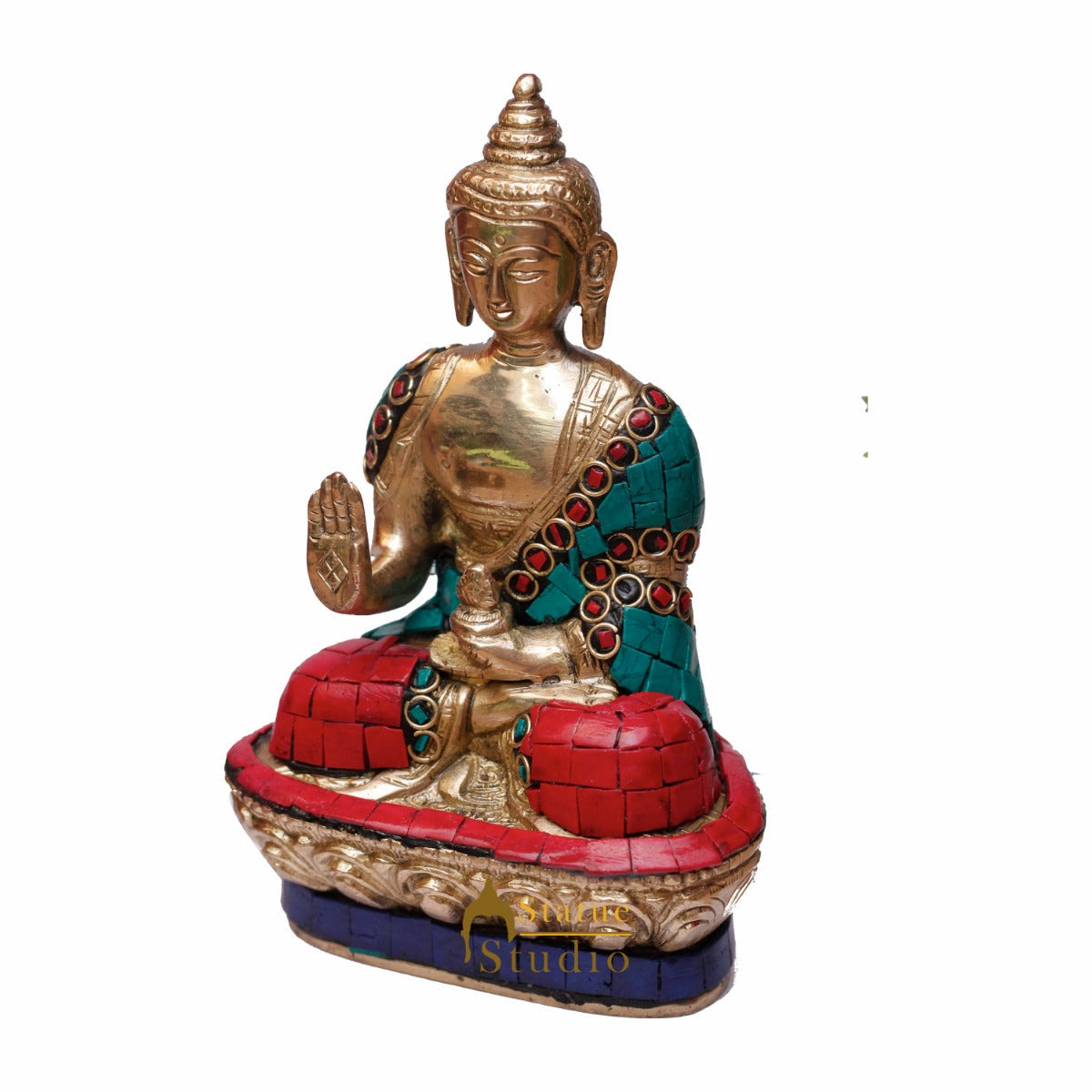 Brass Blessing Buddha Statue Stone Work 7 "