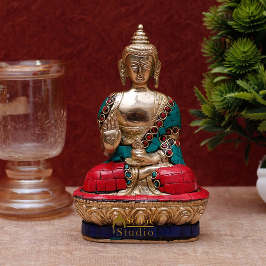 Brass Blessing Buddha Statue Stone Work 7 "