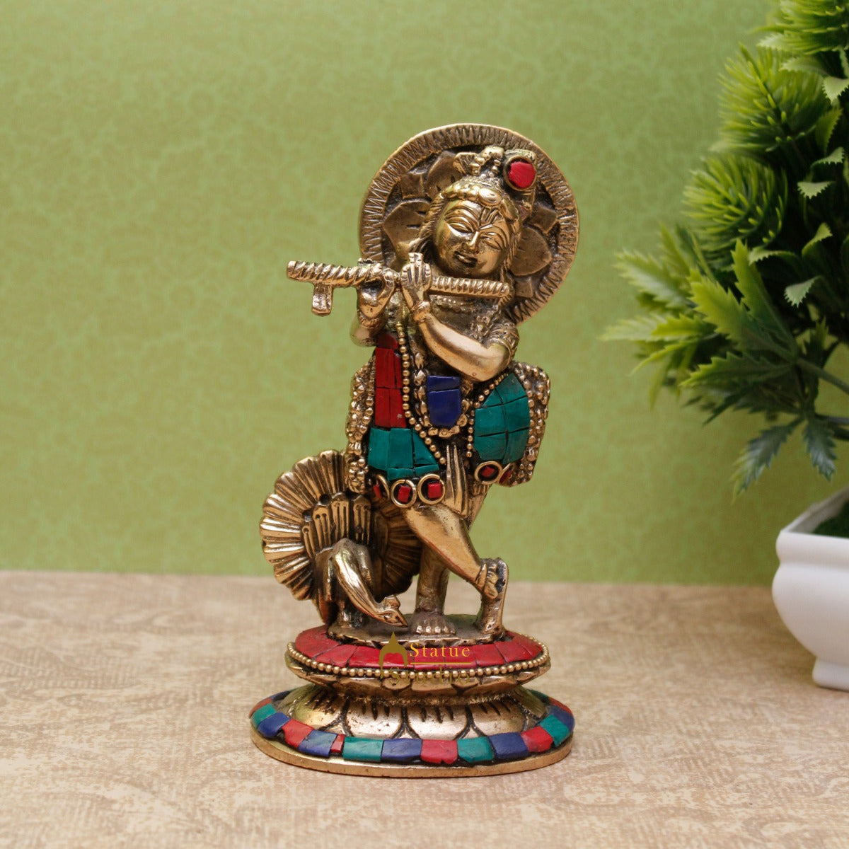 Brass Standing Krishna Idol For Home Temple Religious Décor Lucky Gift Statue 6"