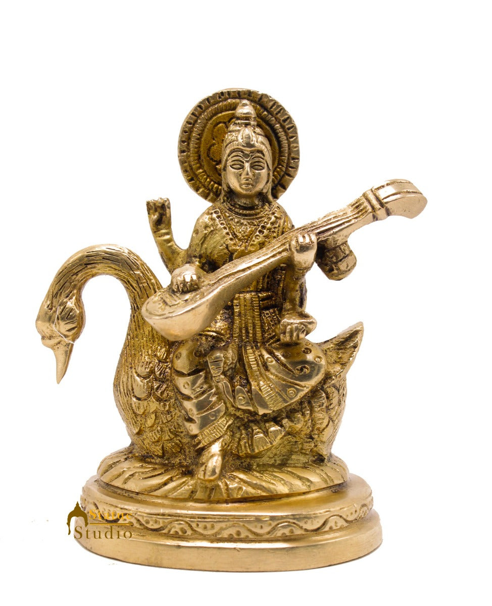 Indian Brass Hindu Goddess Saraswati on Swan Lucky Gift Murti Idol Statue 4.5" - Image 3