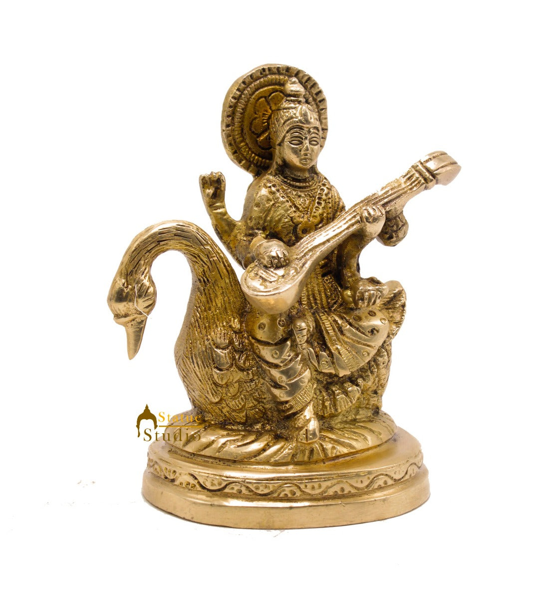 Indian Brass Hindu Goddess Saraswati on Swan Lucky Gift Murti Idol Statue 4.5" - Image 4