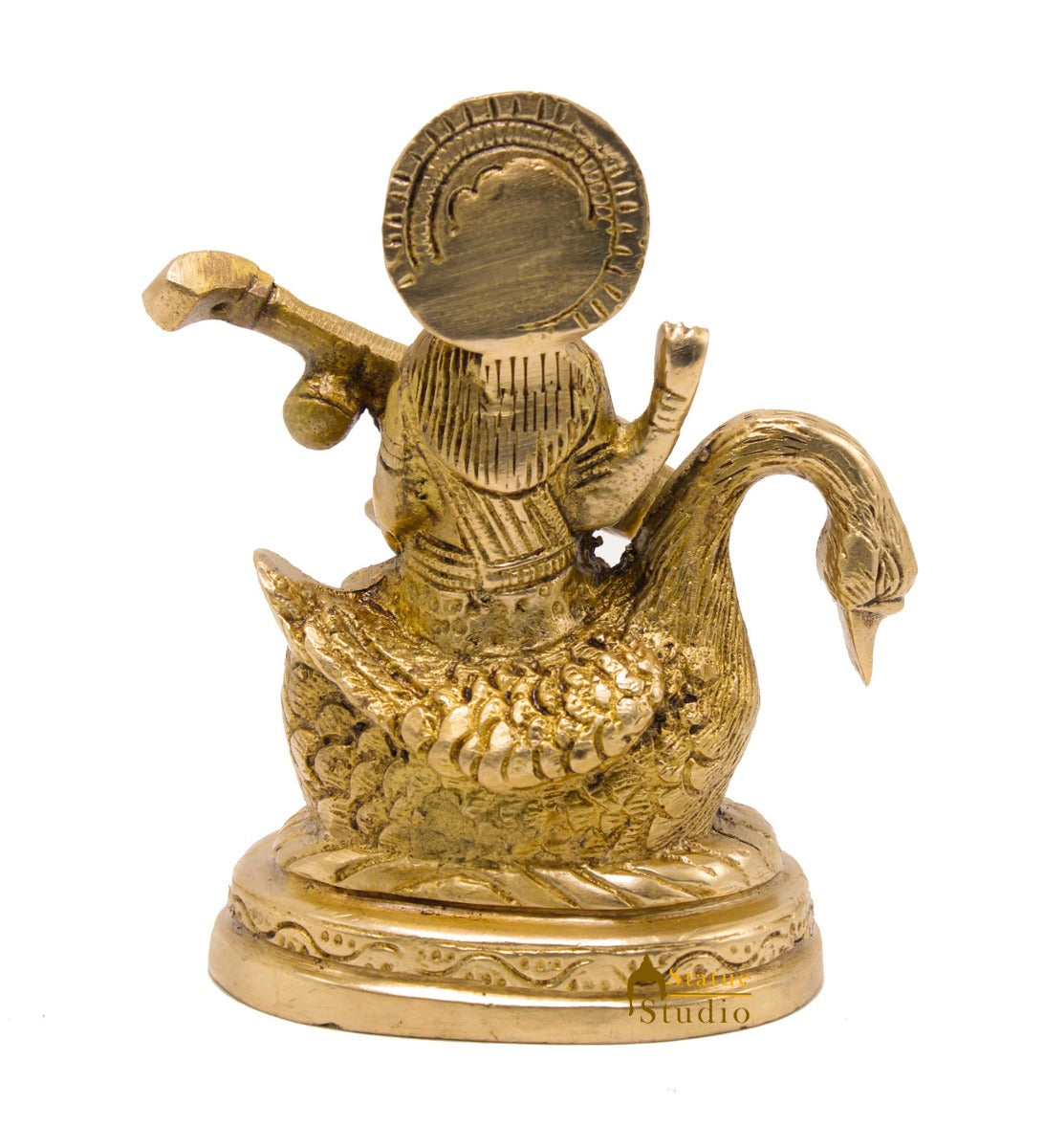 Indian Brass Hindu Goddess Saraswati on Swan Lucky Gift Murti Idol Statue 4.5"