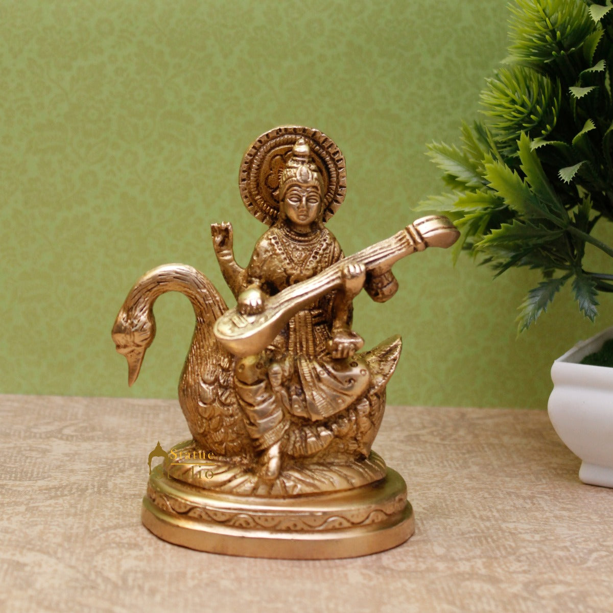 Indian Brass Hindu Goddess Saraswati on Swan Lucky Gift Murti Idol Statue 4.5" - Eco-friendly - Sama Homes