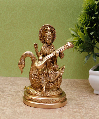 Indian Brass Hindu Goddess Saraswati on Swan Lucky Gift Murti Idol Statue 4.5" by vendor-unknown - Gifting (View 2)