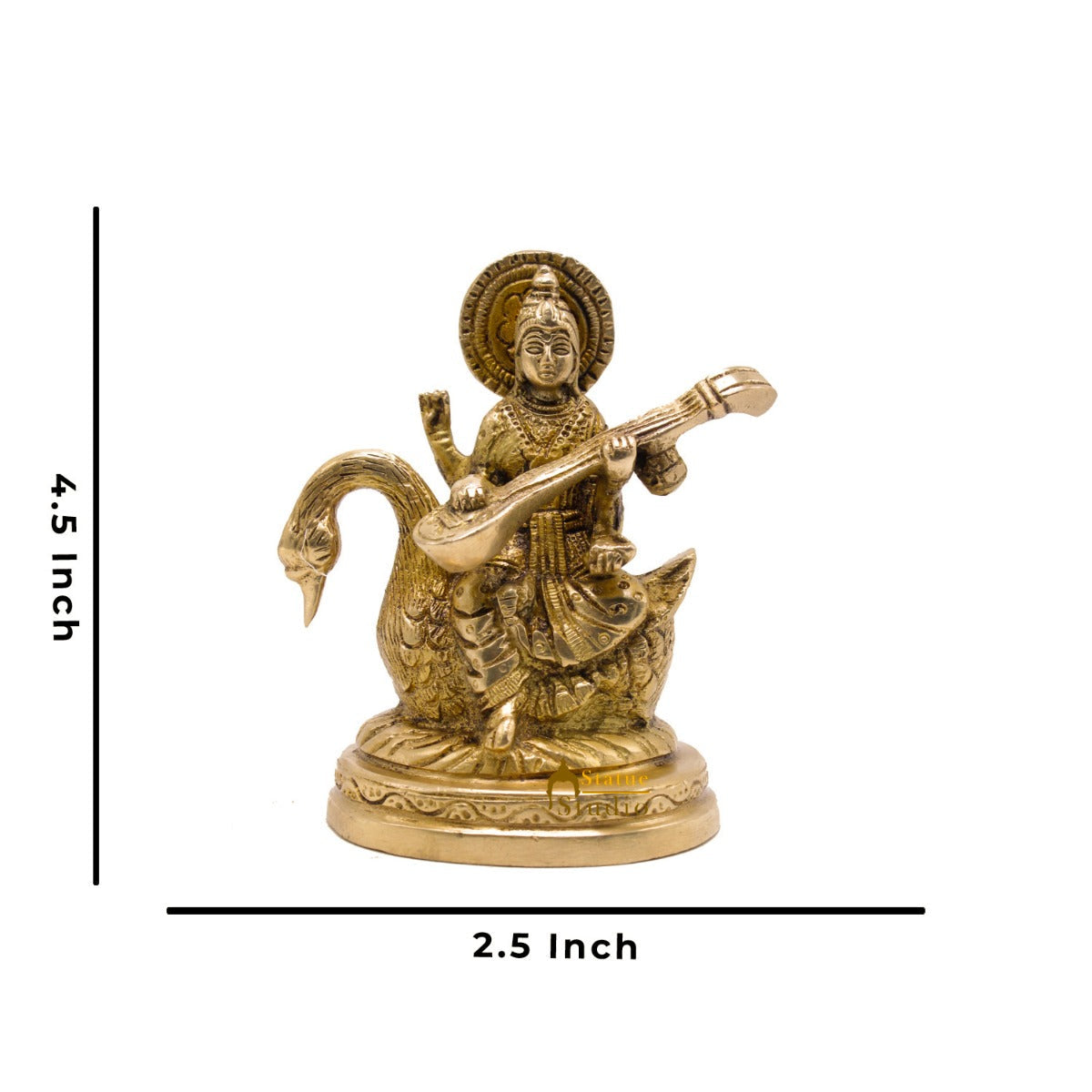 Indian Brass Hindu Goddess Saraswati on Swan Lucky Gift Murti Idol Statue 4.5"