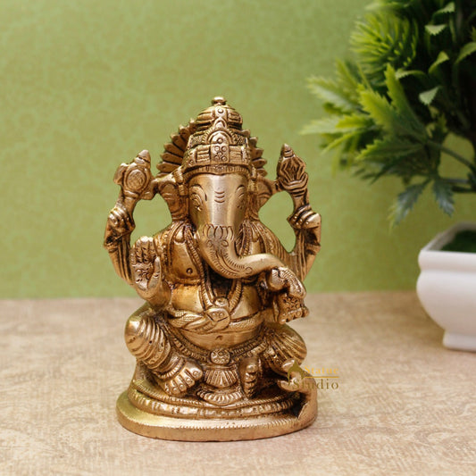 Brass Ganesha Idol For Home Décor Office Desk Lucky Gift Showpiece Statue 4"
