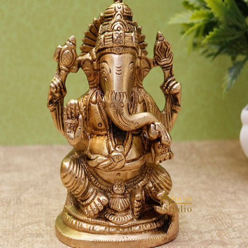 Brass Ganesha Idol For Home Décor Office Desk Lucky Gift Showpiece Statue 4" - Image 2