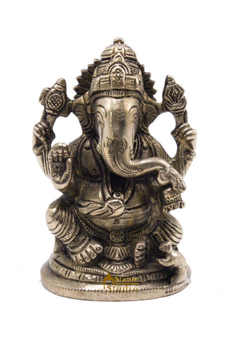 Brass Ganesha Idol For Home Décor Office Desk Lucky Gift Showpiece Statue 4" - Image 3