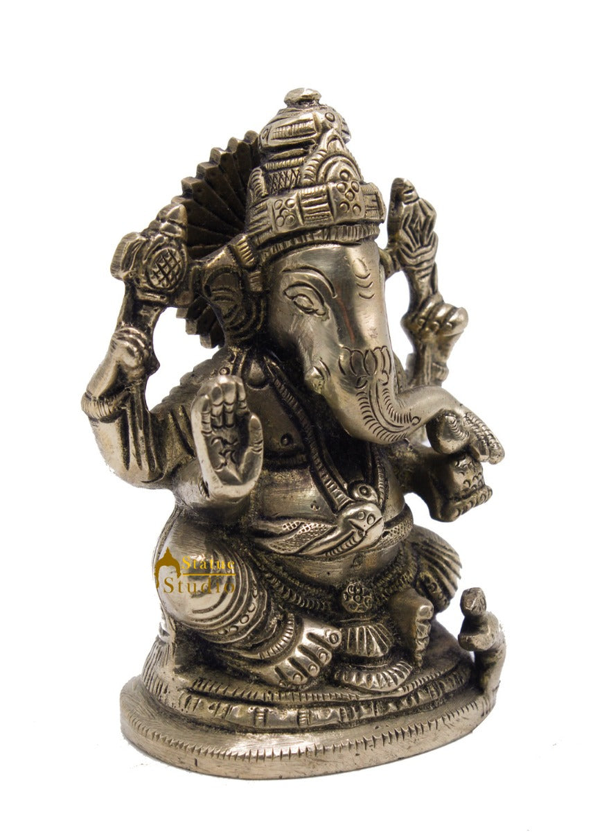 Brass Ganesha Idol For Home Décor Office Desk Lucky Gift Showpiece Statue 4"