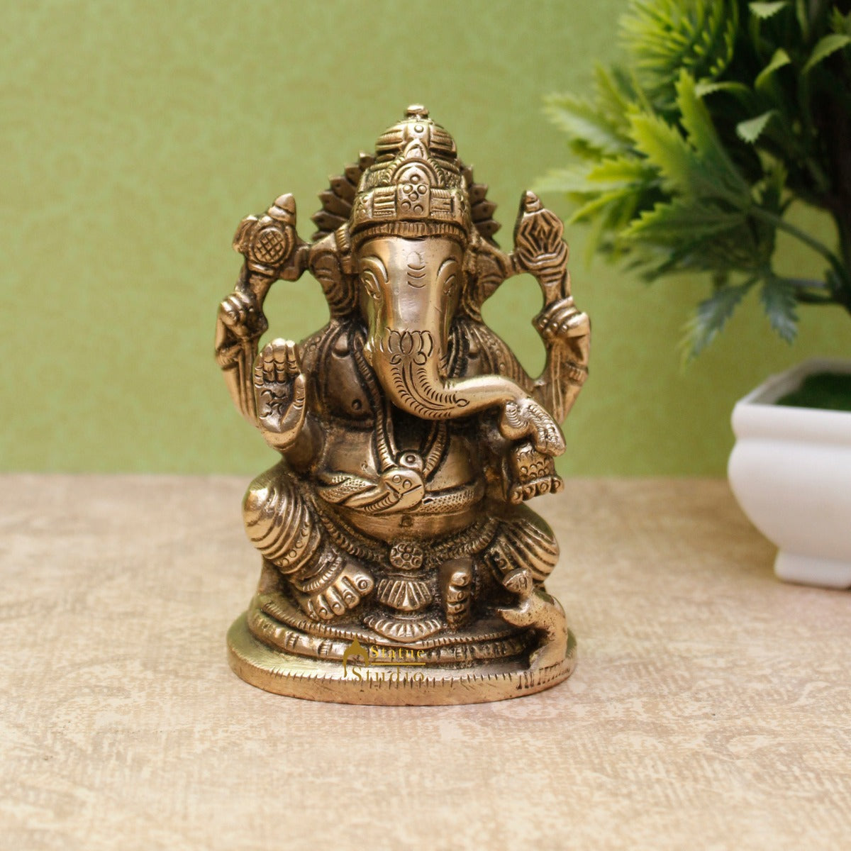 Brass Ganesha Idol For Home Décor Office Desk Lucky Gift Showpiece Statue 4" - Eco-friendly - Sama Homes