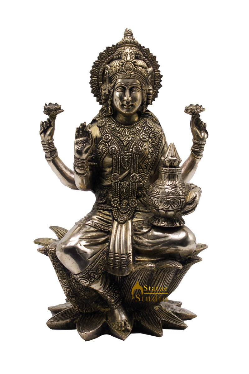 Brass Antique Lakshmi Idol With Money Pot Laxmi Murti Home Decor Statue 12" - Image 3