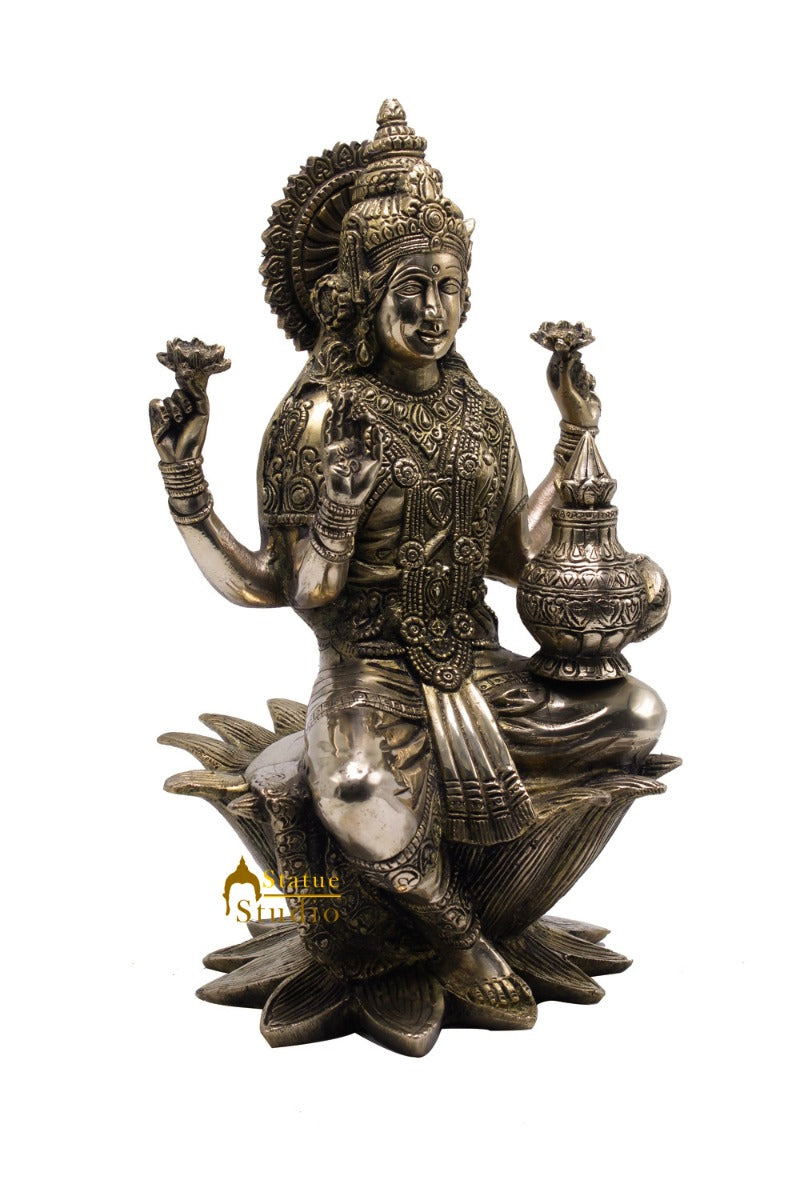 Brass Antique Lakshmi Idol With Money Pot Laxmi Murti Home Decor Statue 12" - Image 4