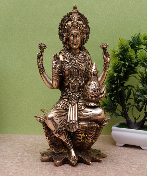 Brass Antique Lakshmi Idol With Money Pot Laxmi Murti Home Decor Statue 12" - Image 2