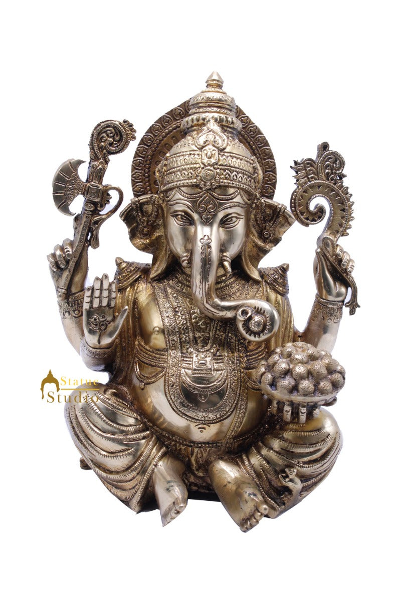Antique Ganesha Idol With Modak Plate Lucky Home Office Decor Gift Statue 10" - Image 3