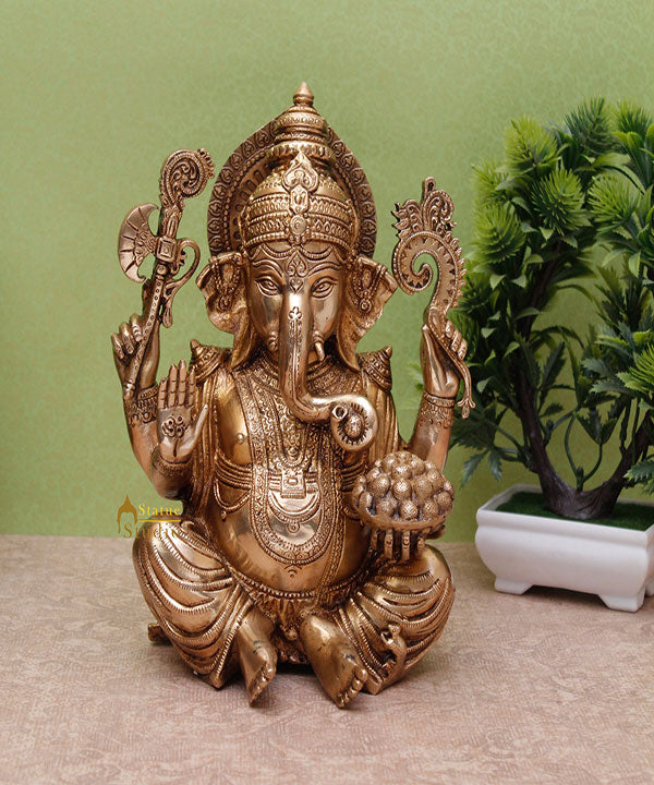 Antique Ganesha Idol With Modak Plate Lucky Home Office Decor Gift Statue 10" - Image 2