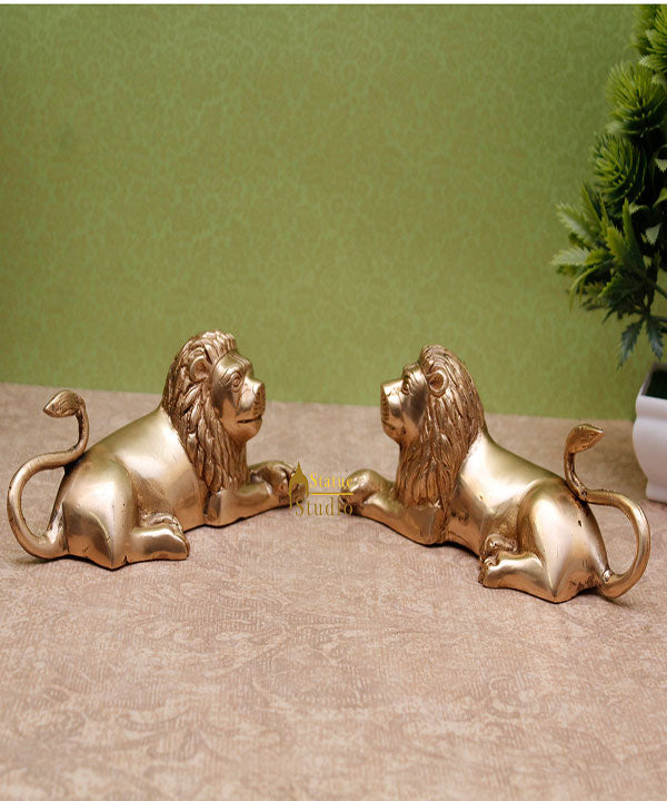 Brass Sitting Lion Pair Showpieces For Home Office Desk Table Décor Statue - Image 2