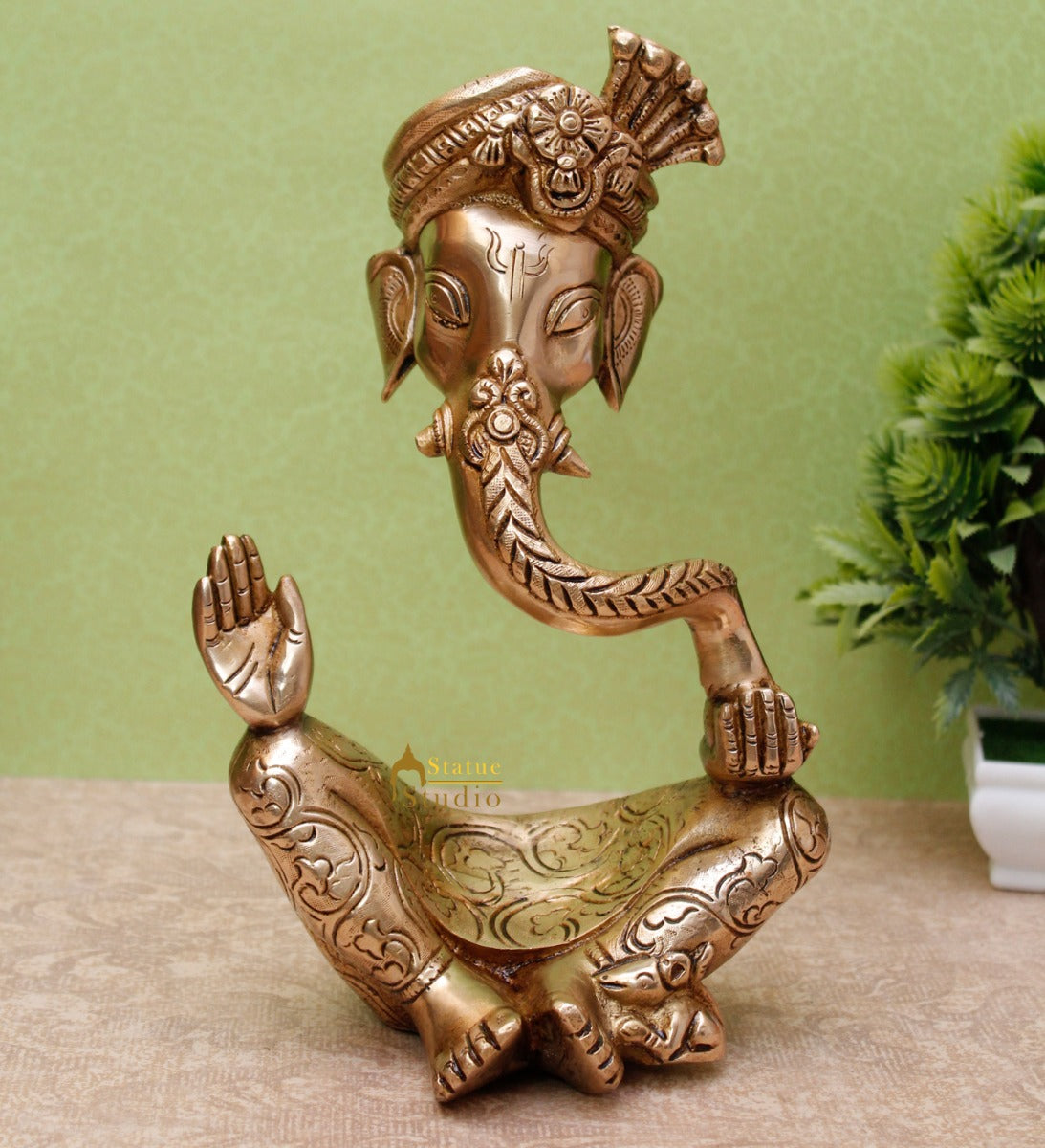 Brass Ganesha Turban Statue For Modern Home Décor Showpiece Big Murti Idol 10" - Eco-friendly - Sama Homes