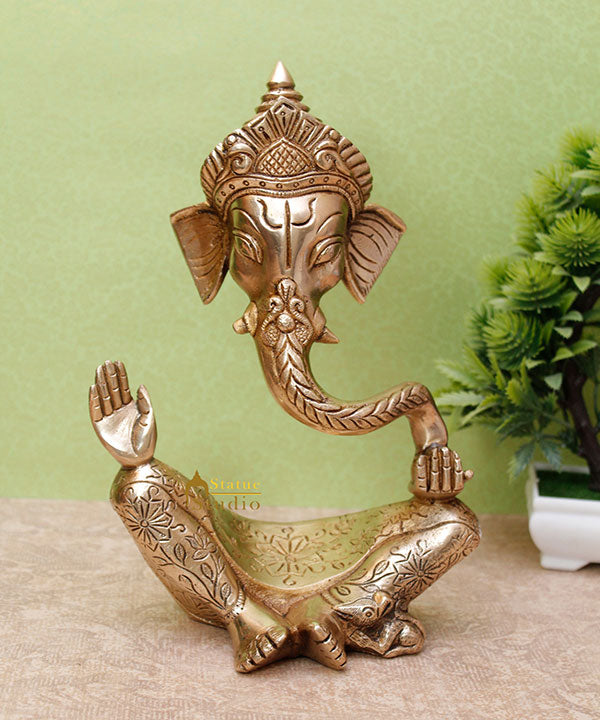 Brass Crowned Ganesha Statue For Modern Home Décor Showpiece Big Murti Idol 10" - Image 2
