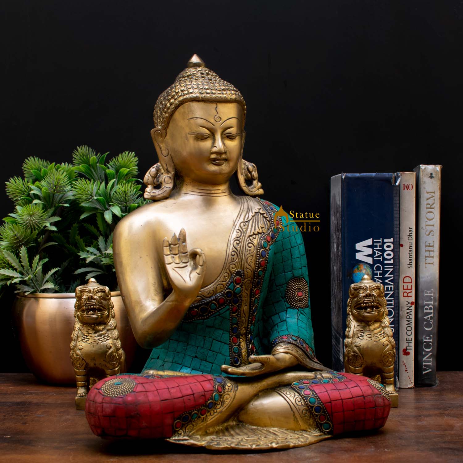 Brass Blessing Buddha Statue Stone Work Showpiece For Home Decor Gift 1 Feet - Image 3