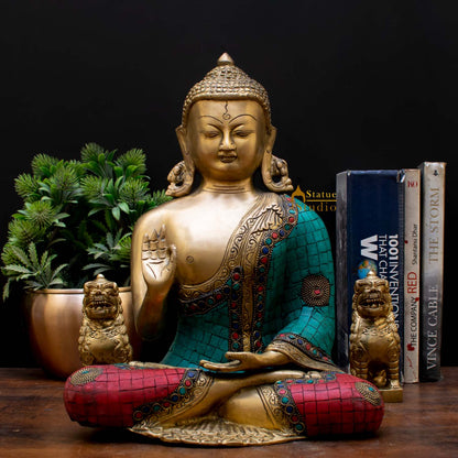 Brass Blessing Buddha Statue Stone Work Showpiece For Home Decor Gift 1 Feet by vendor-unknown - Buddha