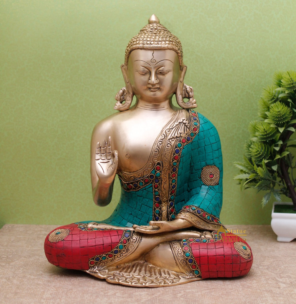 Brass Blessing Buddha Statue Stone Work Showpiece For Home Decor Gift 1 Feet - Image 2