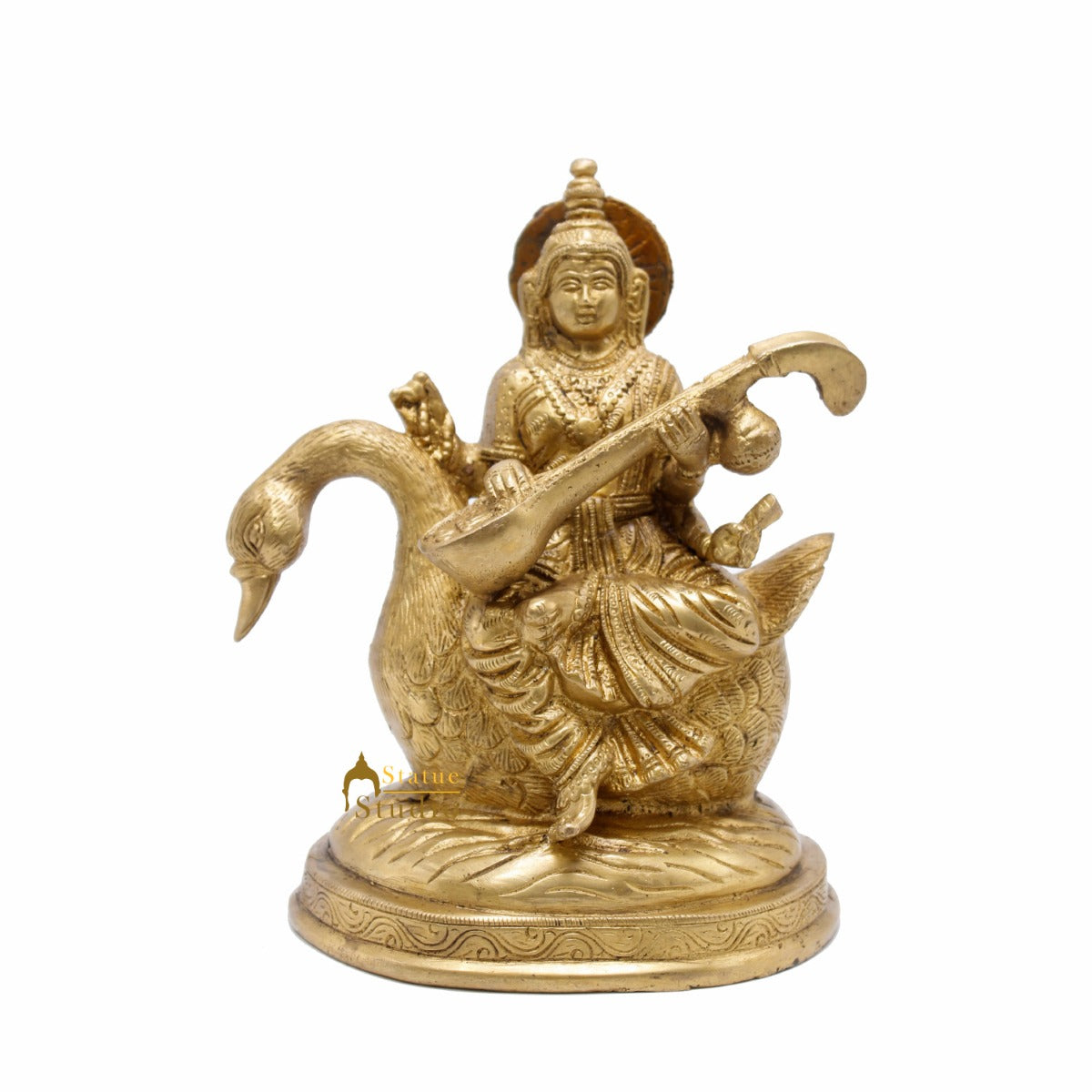 Indian Brass Hindu Goddess Saraswati on Swan Lucky Gift Murti Idol Statue 7"
