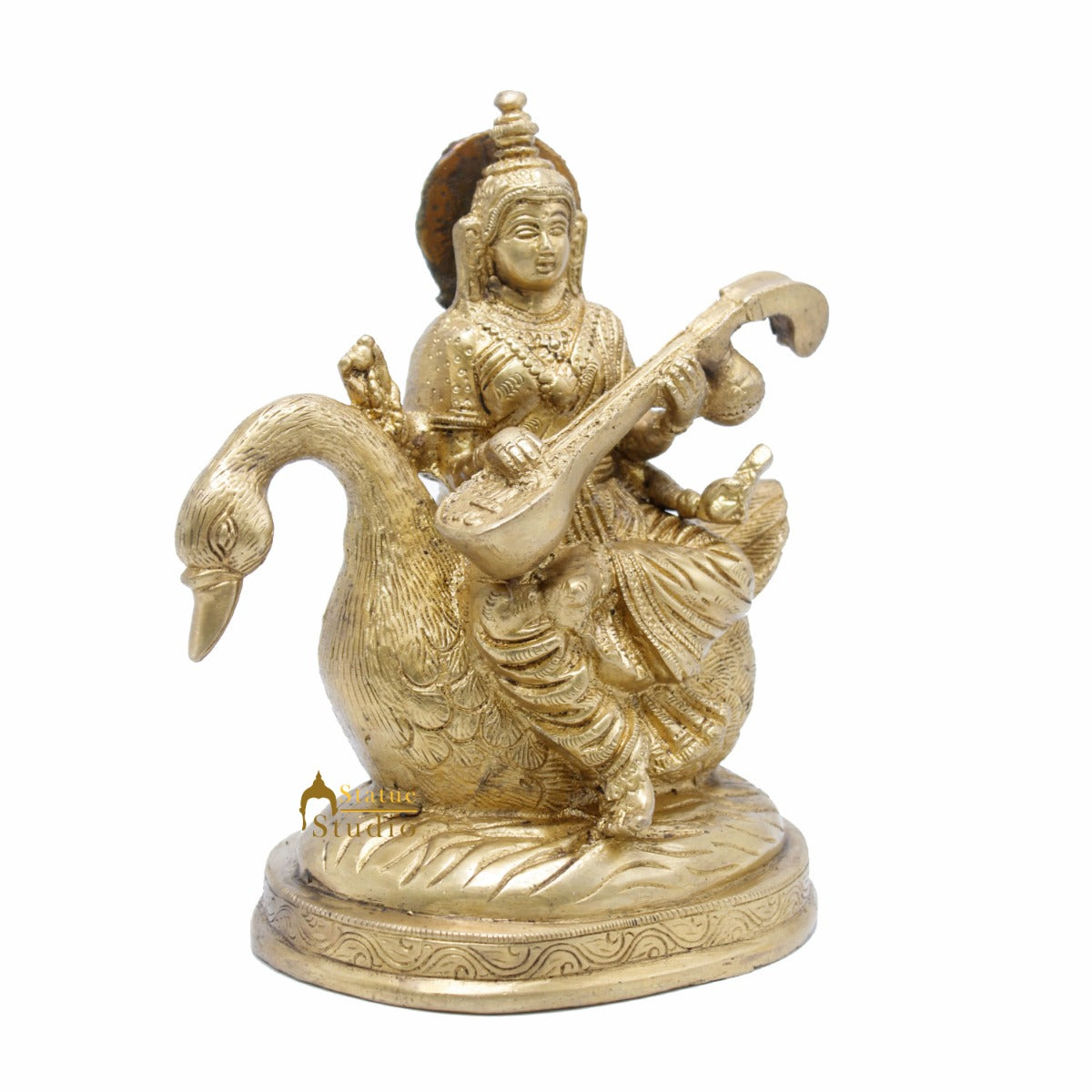 Indian Brass Hindu Goddess Saraswati on Swan Lucky Gift Murti Idol Statue 7"
