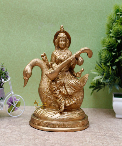 Indian Brass Hindu Goddess Saraswati on Swan Lucky Gift Murti Idol Statue 7" by vendor-unknown - New Arrivals (View 2)