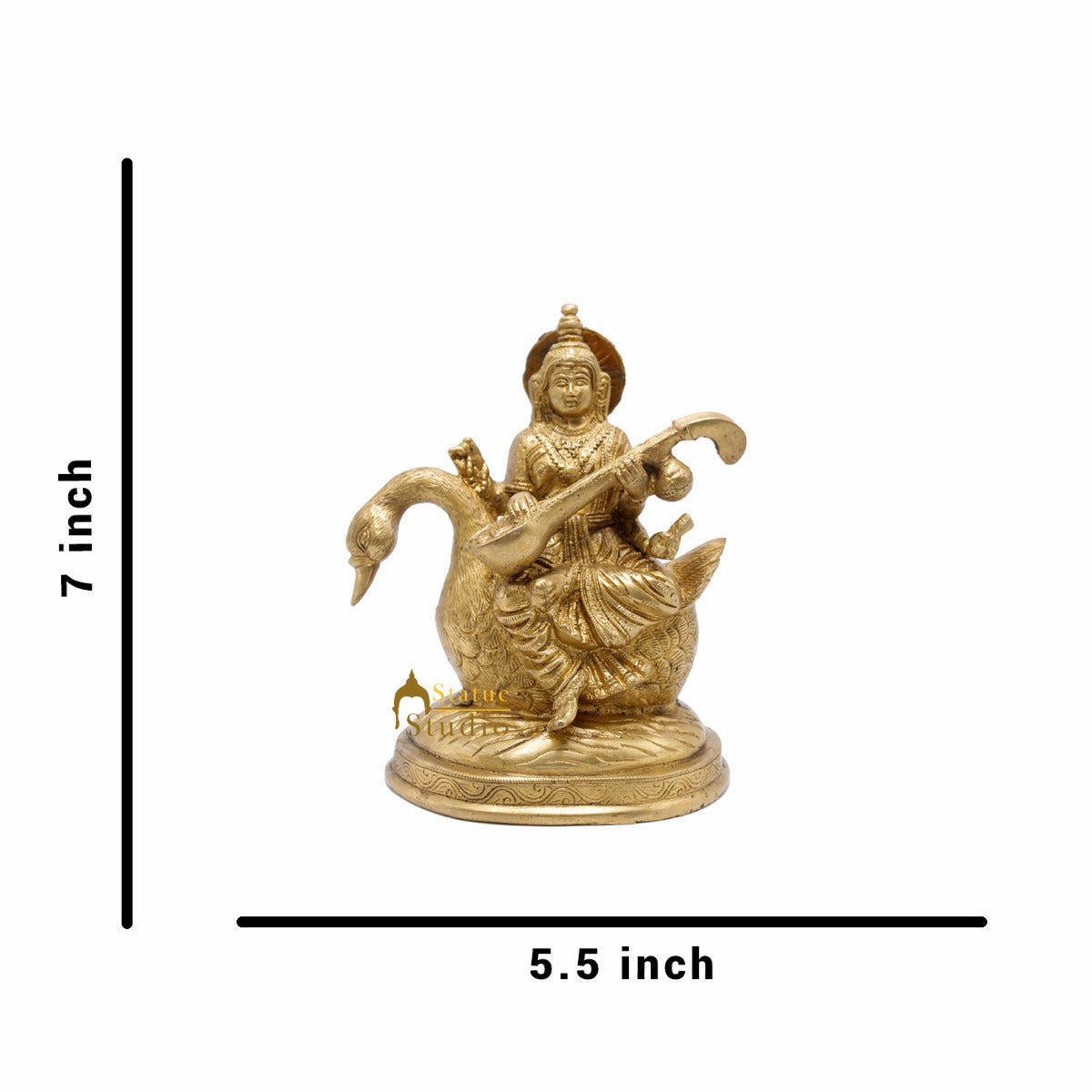 Indian Brass Hindu Goddess Saraswati on Swan Lucky Gift Murti Idol Statue 7" - Image 6