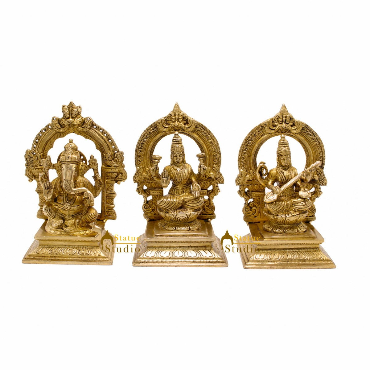 Brass Ganesha Lakshmi Saraswati Idols For Home Office Temple Décor Statue 7" - Eco-friendly - Sama Homes