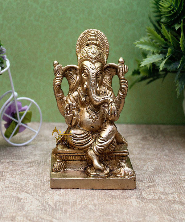 Brass Small Ganesha Idol For Lucky Diwali Coporate Gift Solid Ganesha Statue 4"