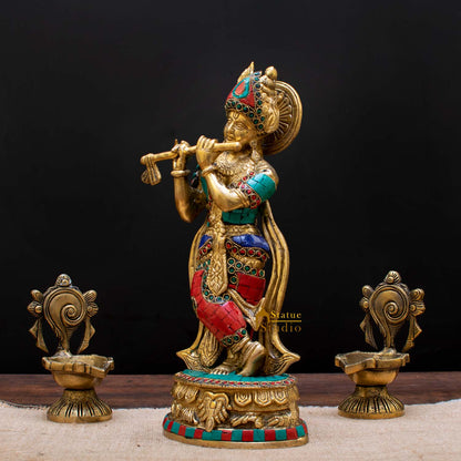 Brass Standing Krishna Idol Home Temple Religious Décor Lucky Gift Statue 12" by vendor-unknown - Hindu Gods (View 3)