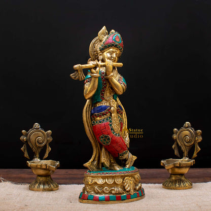 Brass Standing Krishna Idol Home Temple Religious Décor Lucky Gift Statue 12" by vendor-unknown - Hindu Gods (View 4)