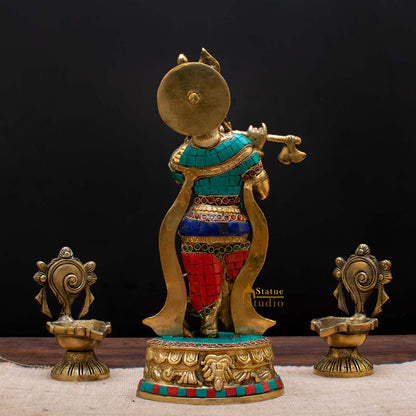 Brass Standing Krishna Idol Home Temple Religious Décor Lucky Gift Statue 12" by vendor-unknown - Hindu Gods (View 5)
