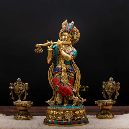 Brass Standing Krishna Idol Home Temple Religious Décor Lucky Gift Statue 12" by vendor-unknown - Hindu Gods