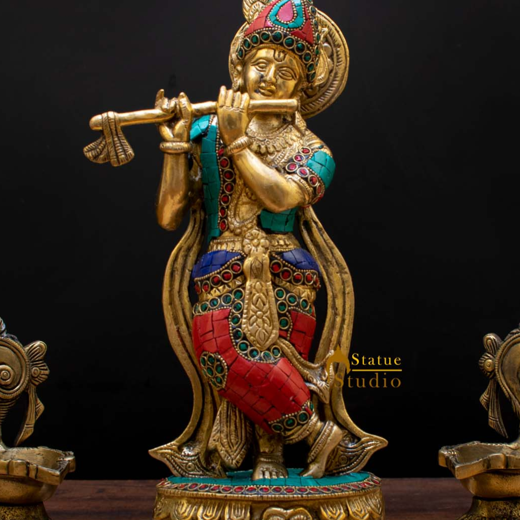 Brass Standing Krishna Idol Home Temple Religious Décor Lucky Gift Statue 12" - Image 2