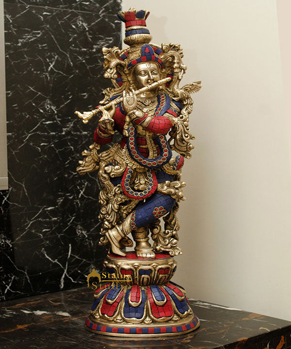 Brass Krishna Big Idol For Home Temple Religious Décor Lucky Gift Statue 24" - Image 2