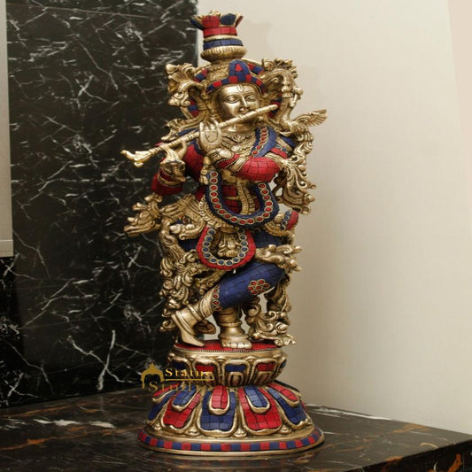 Brass Krishna Big Idol For Home Temple Religious Décor Lucky Gift Statue 24"