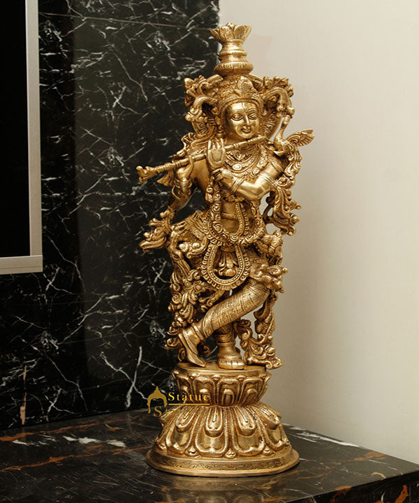 Brass Krishna Big Idol For Home Temple Religious Décor Lucky Gift Statue 24"