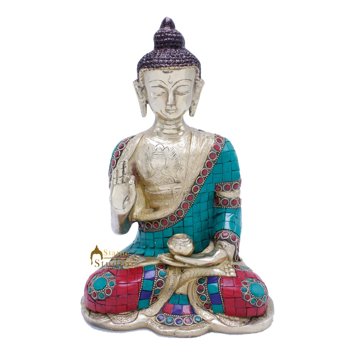 Blessing Buddha Hand Carved Statue For Home Office Desk Room Décor Idol 10.5"