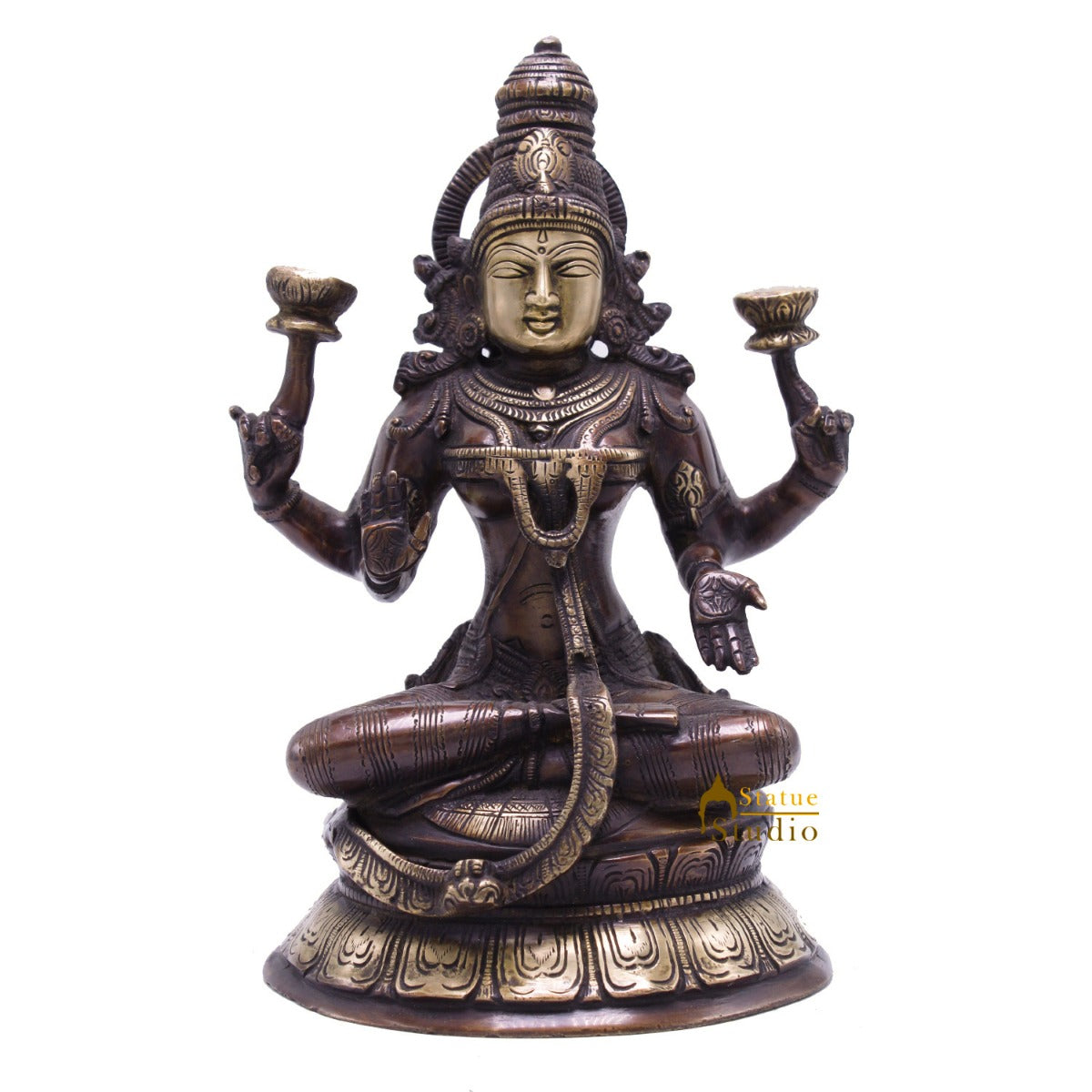 Antique Brass Lakshmi Idol Sitting Murti Religious Home Décor Lucky Statue 10.5" - Image 3