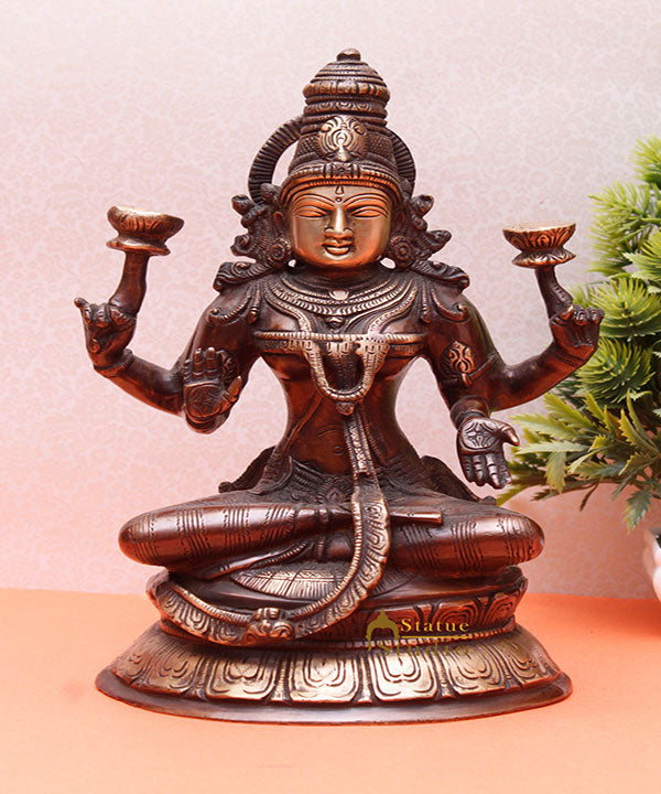 Antique Brass Lakshmi Idol Sitting Murti Religious Home Décor Lucky Statue 10.5" - Eco-friendly - Sama Homes