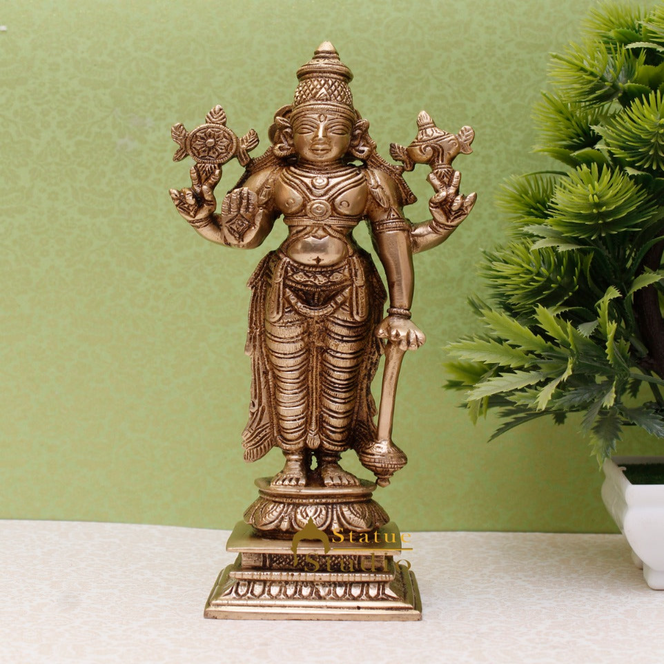 Brass Antique Vishnu Standing Idol For Pooja Home Temple Décor Statue 8" - Eco-friendly - Sama Homes