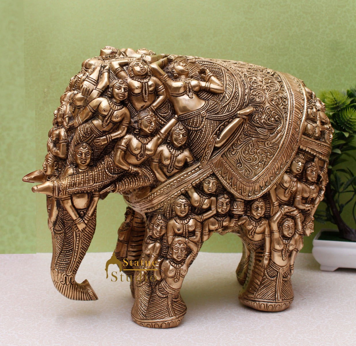 Brass Antique Hand Carved Elephant Showpiece Statue For Home Office Décor Masterpiece 11" - Eco-friendly - Sama Homes