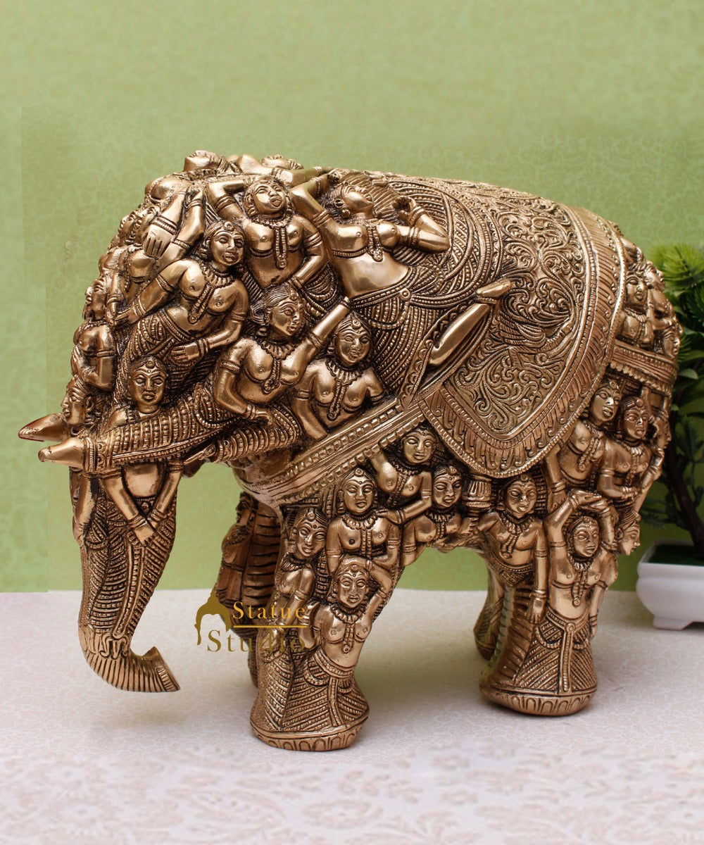 Brass Antique Hand Carved Elephant Showpiece Statue For Home Office Décor Masterpiece 11" - Image 2