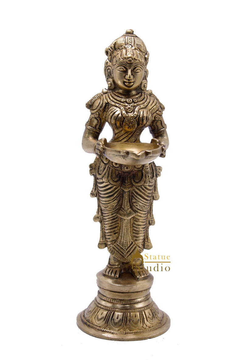 Antique Brass Deeplakshmi Statue For Pooja Room Home Décor And Gifting 9" - Image 2